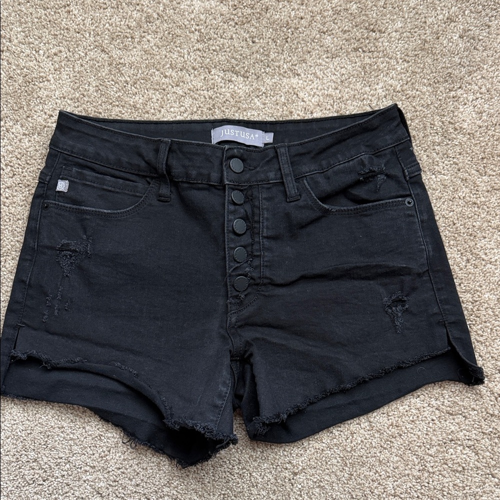 Just USA Black High-Rise Button-Fly Distressed Denim Shorts